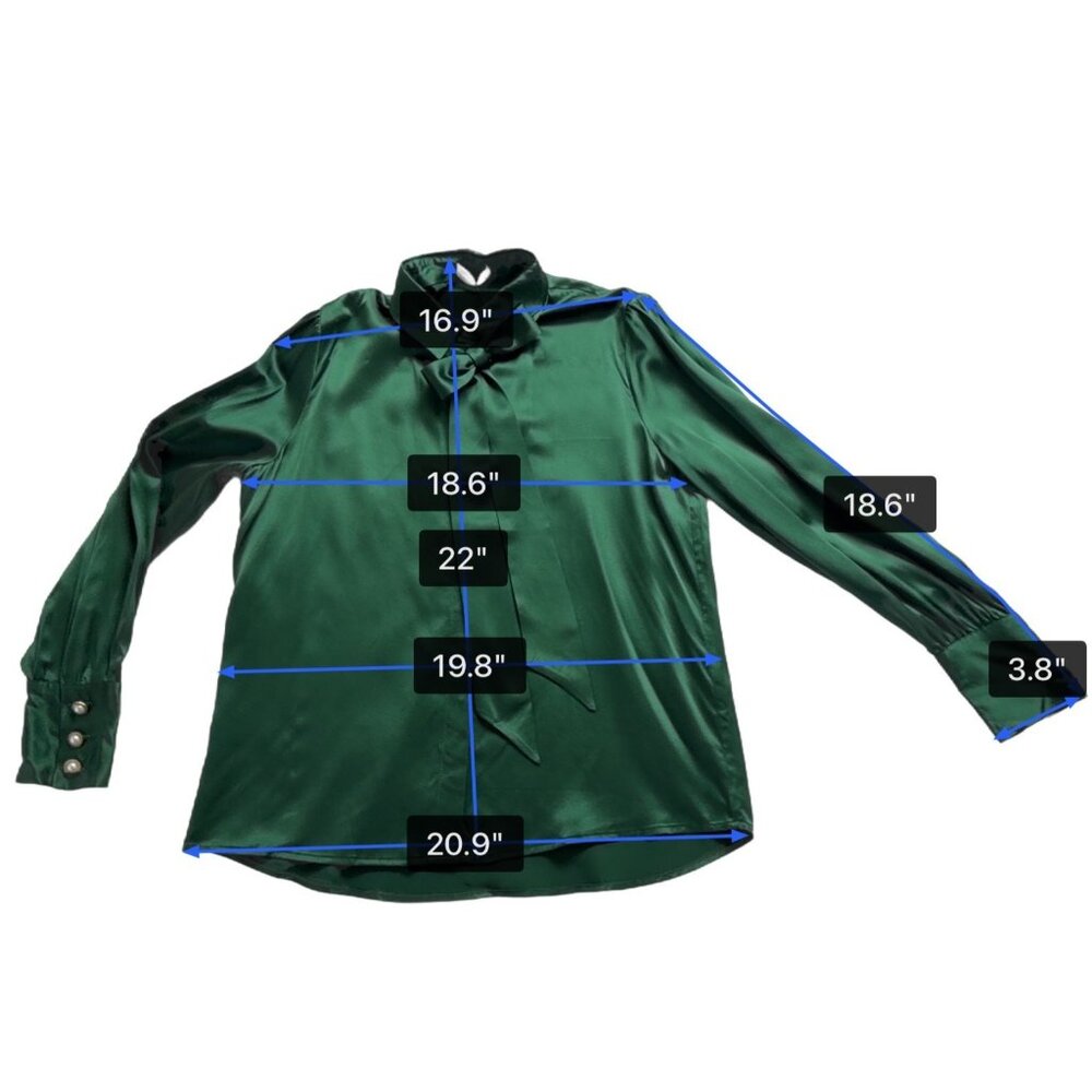 LilySilk Womens Green Mulberry Silk Bow-Tie Blouse Satin Button Cuffs Sz M - Picture 11 of 12